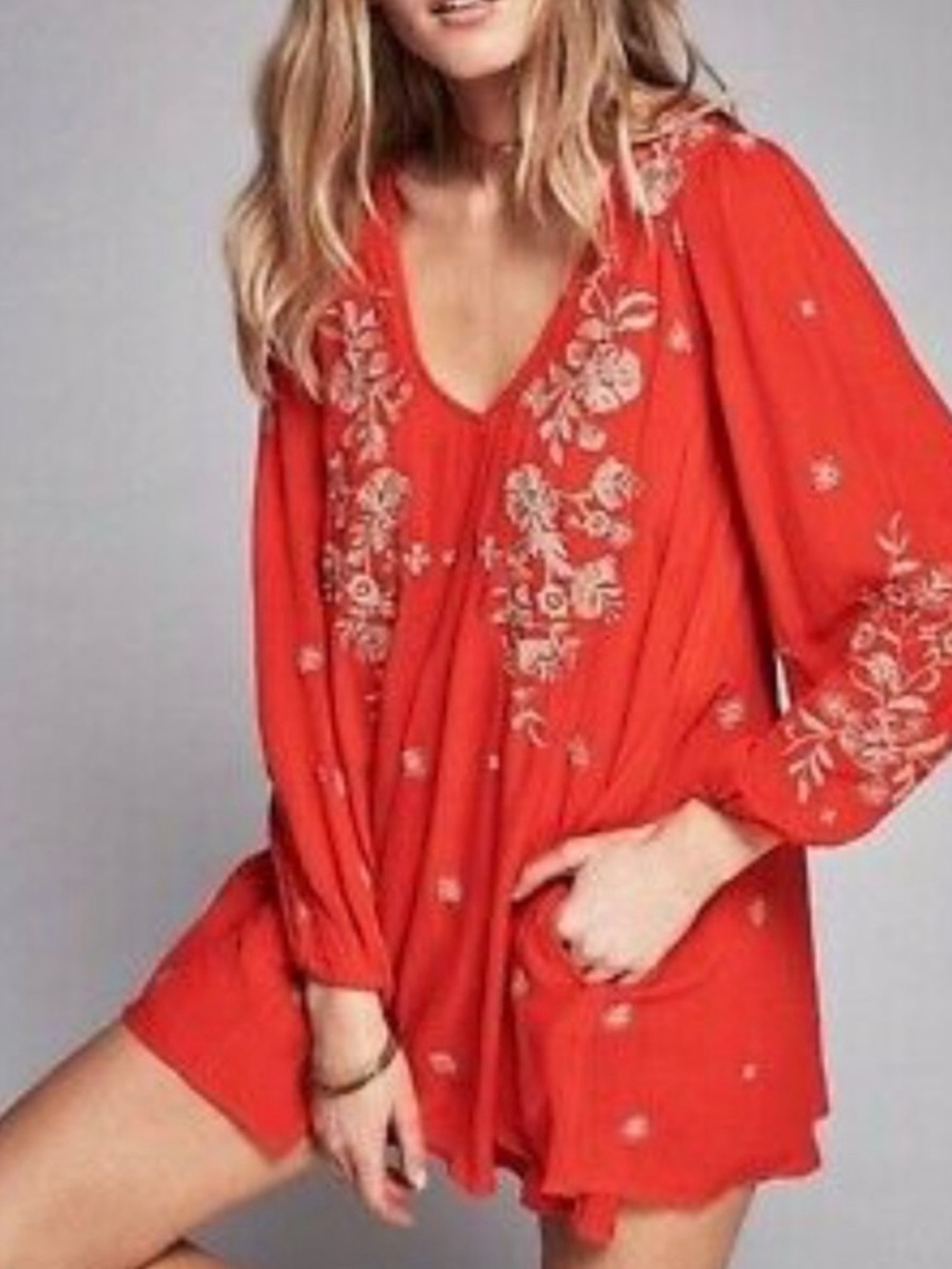 NWOT Free People Red Embroidered V-Neck Mini Babydoll Dress